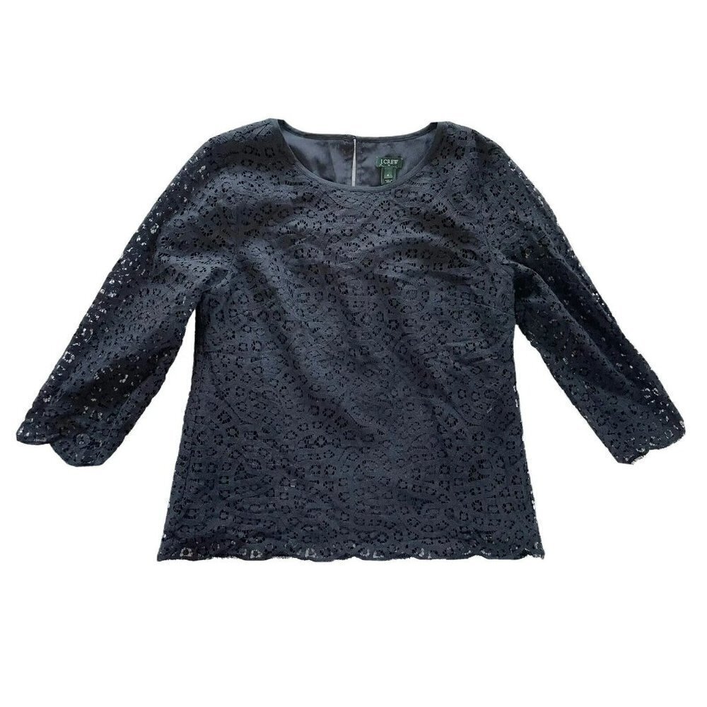 J. Crew Factory Women's Size 6 Black Scalloped Lace 3/4 Sleeve Blouse - Picture 8 of 8